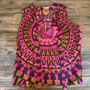 Tory Burch Pink and Black Graphic Tie Front Blouse